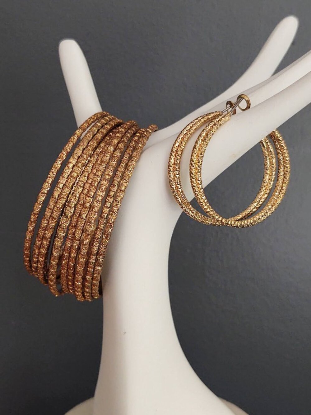 Textured gold bangles and hoop earrings bundle